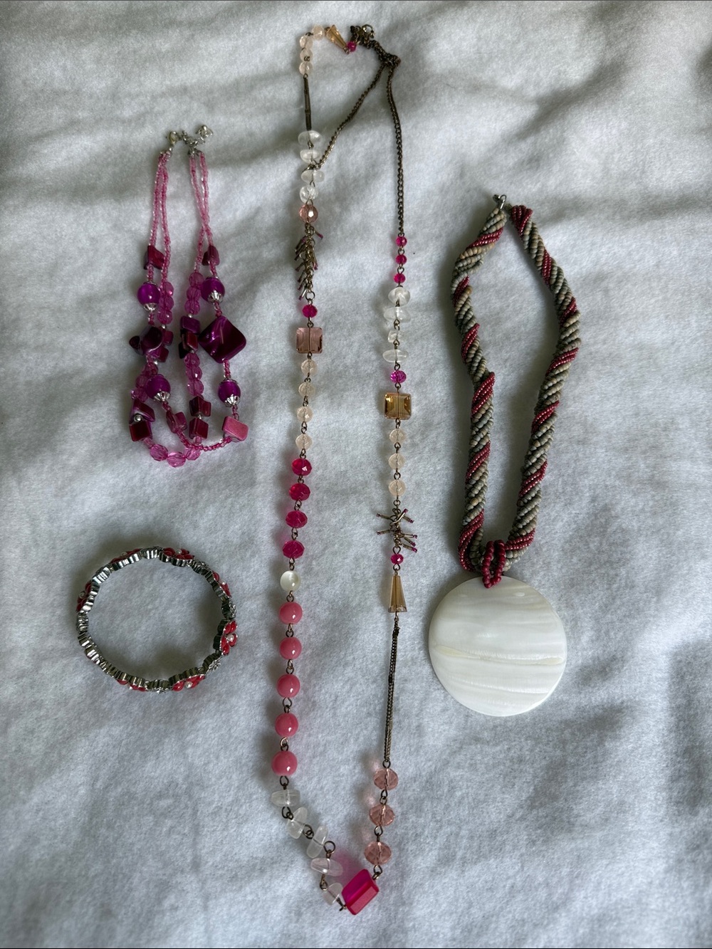 3 Beaded Pink Multi-Necklace Set with Mother-of-Pearl Pendant and Bracelet